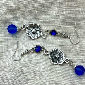 Silver Flower Blue Bead Rhinestone Handmade Dangle Earrings